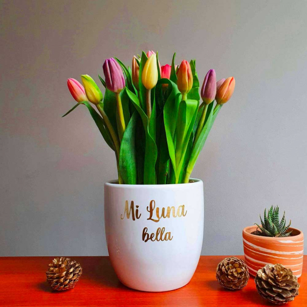 20 tulipanes en una base de cerámica blanca personalizada