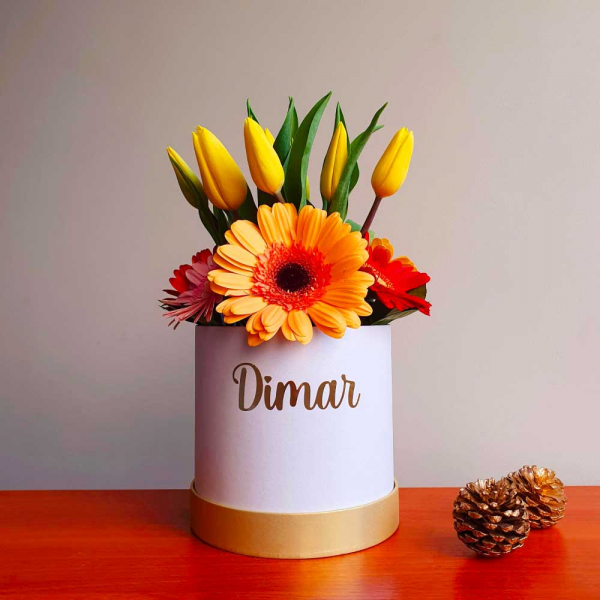 05 tulipanes + gerberas en una box personalizada